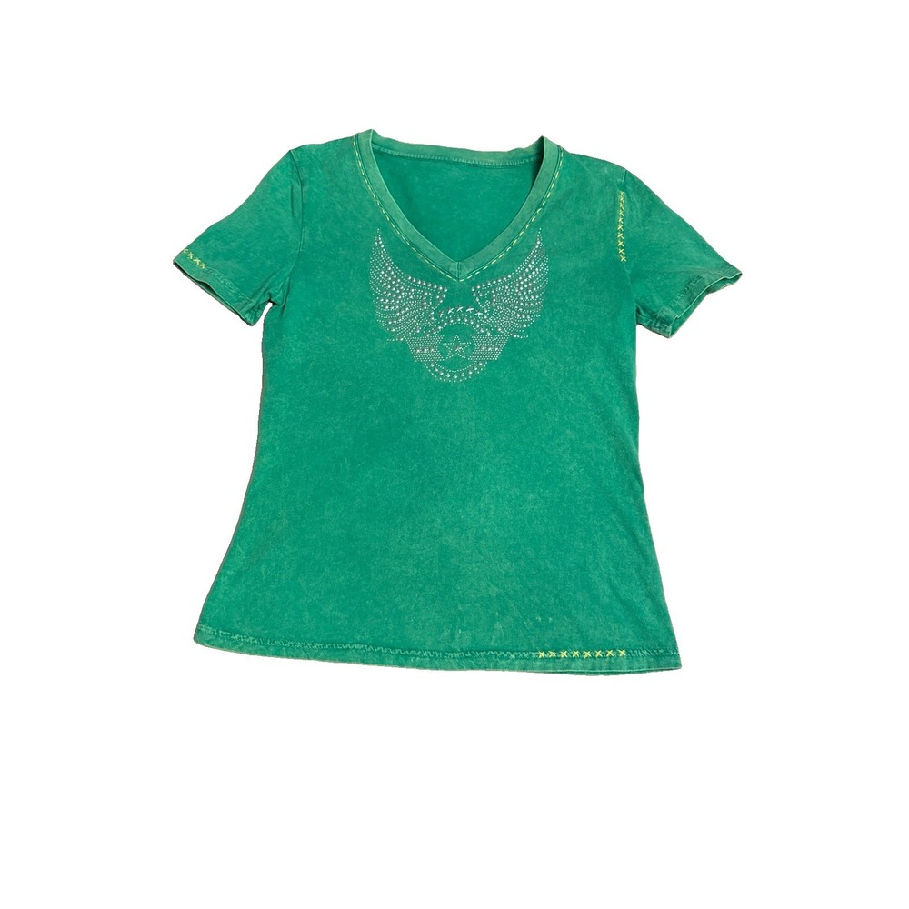Vtg Y2K Angel Wings Baby Tee Shirt Size S Studs Embroidered McBling Biker Grunge